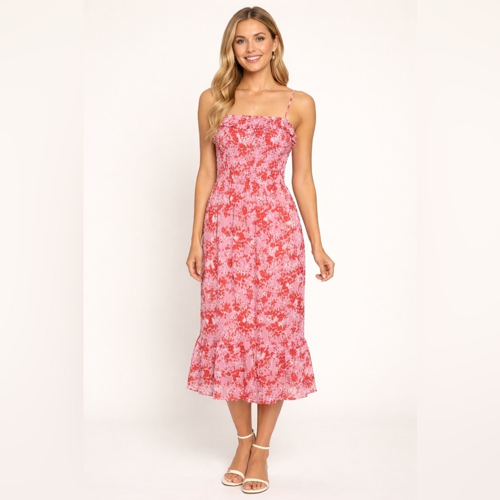 NWT size small Sienna Sky smocked pink and orange floral midi dress